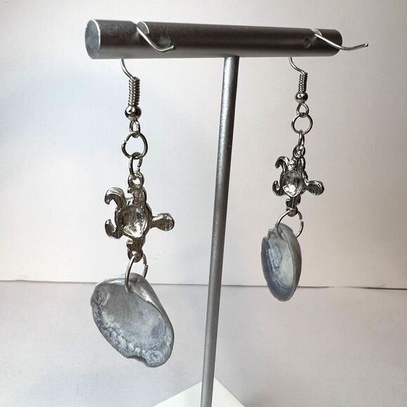 Dangle Earrings Genuine Handcrafted Seashell Turtle Blue Gray Coastal Beach - Picture 14 of 15